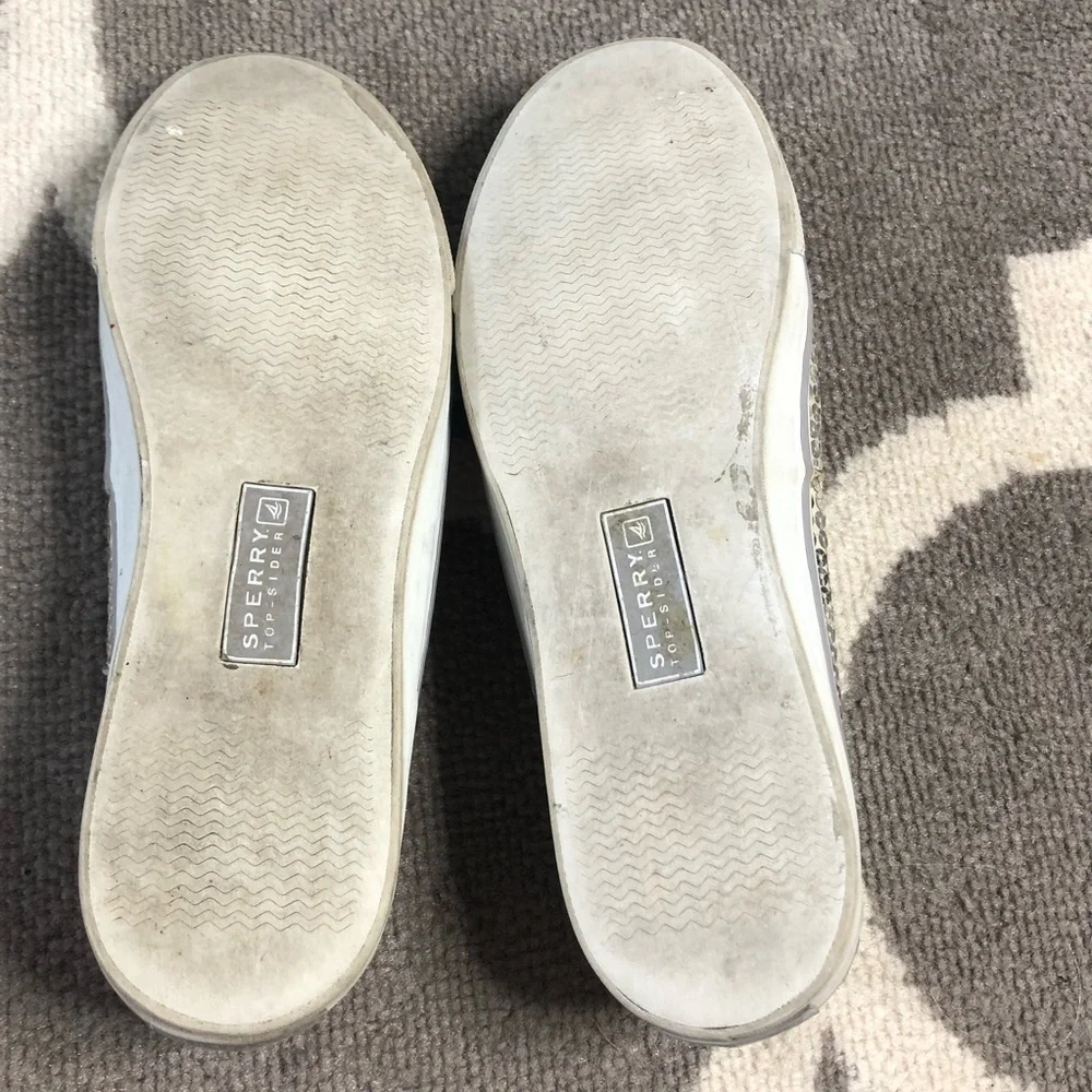 Sperry Loafers Womens 8.5 Topsider Silver Sequin Lace Up Shoes